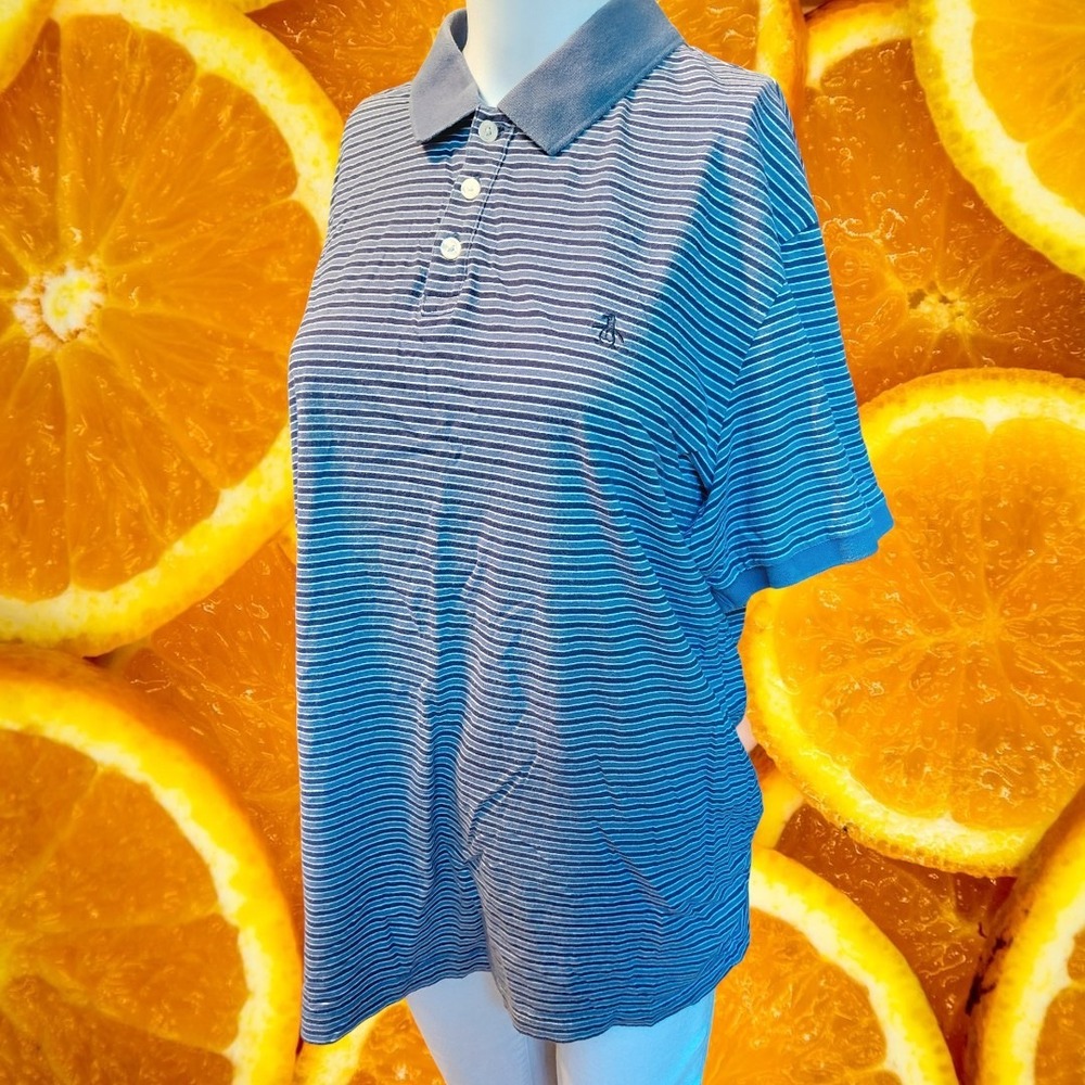 Original Penguin Mens XL‎ Blue Striped Short Sleeve Polo Golf Casual Shirt